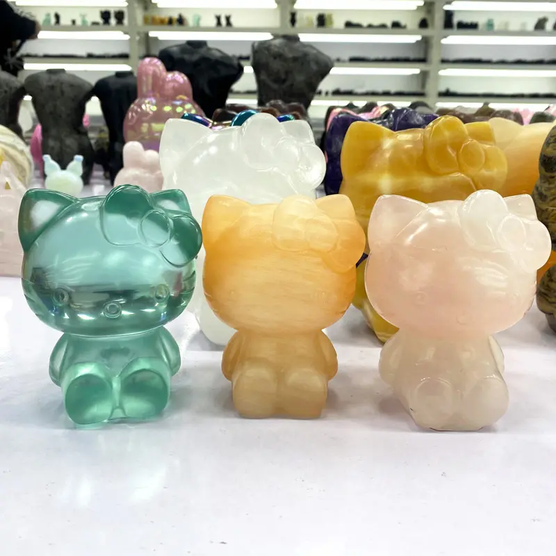 Commercio all'ingrosso 10cm Natural Hello Kitty Carving intagliato a mano in cristallo KT Carving per regalo
