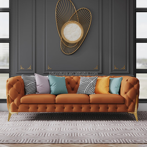 Hotel Lobby Chesterfield <b>Sofa</b> Beige Velvet 3-Seater Button Tufted Couch <b>Gold</b> Metal Legs Commercial Living Room Furniture - Product Image 2