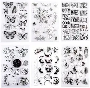 Clear Stamp Silicone Stamp Cards with Greeting Words, Flowers, Leaves, Butterflies, and Moons Pattern
