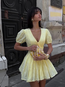 Mini Abito Giallo in Pizzo <span class=keywords><strong>da</strong></span> Donna, Scollo a V, Maniche Corte, Elegante, Aderente, Vestito <span class=keywords><strong>da</strong></span> <span class=keywords><strong>Sera</strong></span> per Donna - Product Image 5