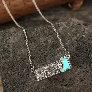 New Design Silver Rectangle Pendant Lightning Cross Cactus Boot Western Turquoise Stone Necklace Cowgirls
