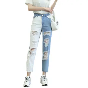 Wholesale Denim Jeans For Women Contrast Color Pencil Ripped Casual Nine Length Washed Jean For Women