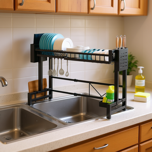 Égouttoir à vaisselle rétractable noir à une seule couche avec drain pour le rangement sur le comptoir de la cuisine - Product Image 2