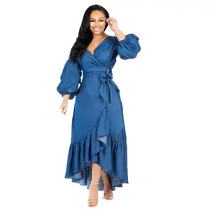 新的蓝色九分套筒线荷叶摆连衣裙v领连衣裙灯笼袖女装连衣裙EDF0617