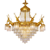 Hôtel de luxe Rococo français Villa en laiton tête de cerf lustre de plafond en cristal pour salon et salle à manger