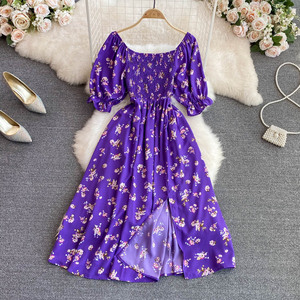 2023 Premium verano nuevo estilo francés suave dulce cuello cuadrado Puff manga corta cintura ajustada adelgazamiento hendidura A-Line <span class=keywords><strong>vestido</strong></span> Casual - Product Image 4