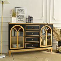 Armoire de rangement de cuisine moderne INNOVA Accent style farmhouse en bois massif avec porte en verre cintrée et 4 tiroirs pour bar à domicile ou salon