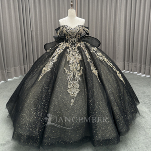 Thanh lịch tắt Vai Kim Loại ren appliques lấp lánh Sequins Sheer vạt áo màu đen quinceanera Dresses lsmc54 - Product Image 1