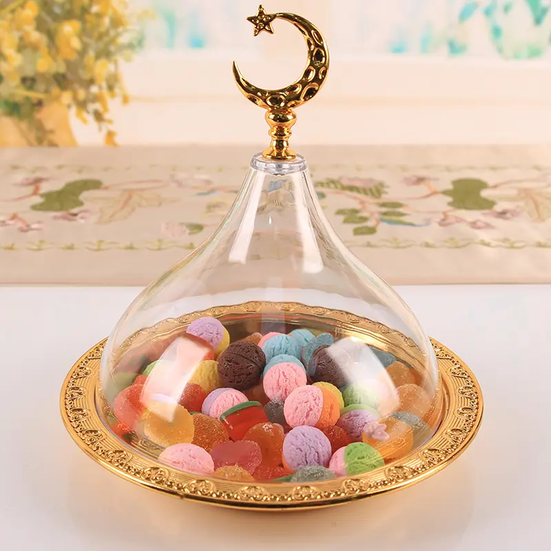 Hot Selling Arabisch Luxus Kuchen Teller Gold Metall Eisen Candy Tray Teller Obst Snack Serviert ablett Mit Deckel Für Party