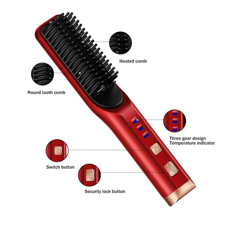 Escova iônica elétrica do straightener da barba do cabelo da queratina quente sem fio portátil do pente do ferro para homens e mulheres