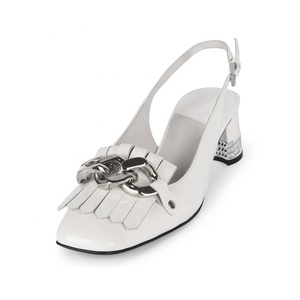 Printemps nouveau <span class=keywords><strong>blanc</strong></span> à franges en cuir à bout carré strass talon carré confortable fronde sandales - Product Image 3