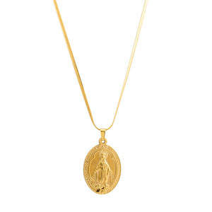 yunnique Fashion Pendant Necklace Gold Plated Oval Madonna Relief Stainless Steel <b>Chain</b> Gift Jewelry - Product Image 5