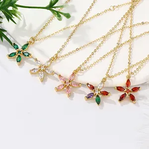 Colar pingente colorido com flores de zircão, colar com pingente dourado, chapeado, cristal cz