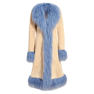 Gabardina larga de piel de oveja auténtica, esponjosa, colores personalizados, Cuello de piel de cordero de Mongolia de lujo, puños, chaqueta de cuero de gamuza auténtica para mujer - Product Image 1