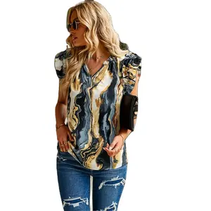 卸売夏のホットセール女性の気質ロータススリーブプリントシャツボヘミアンスタイルのルーズでエレガントなシャツとトップス