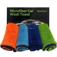 Serviette de lavage auto en microfibre, chiffon de séchage super absorbant, tissage gaufré, couche pour le corps, bord bleu, logo personnalisé, qualité supérieure
