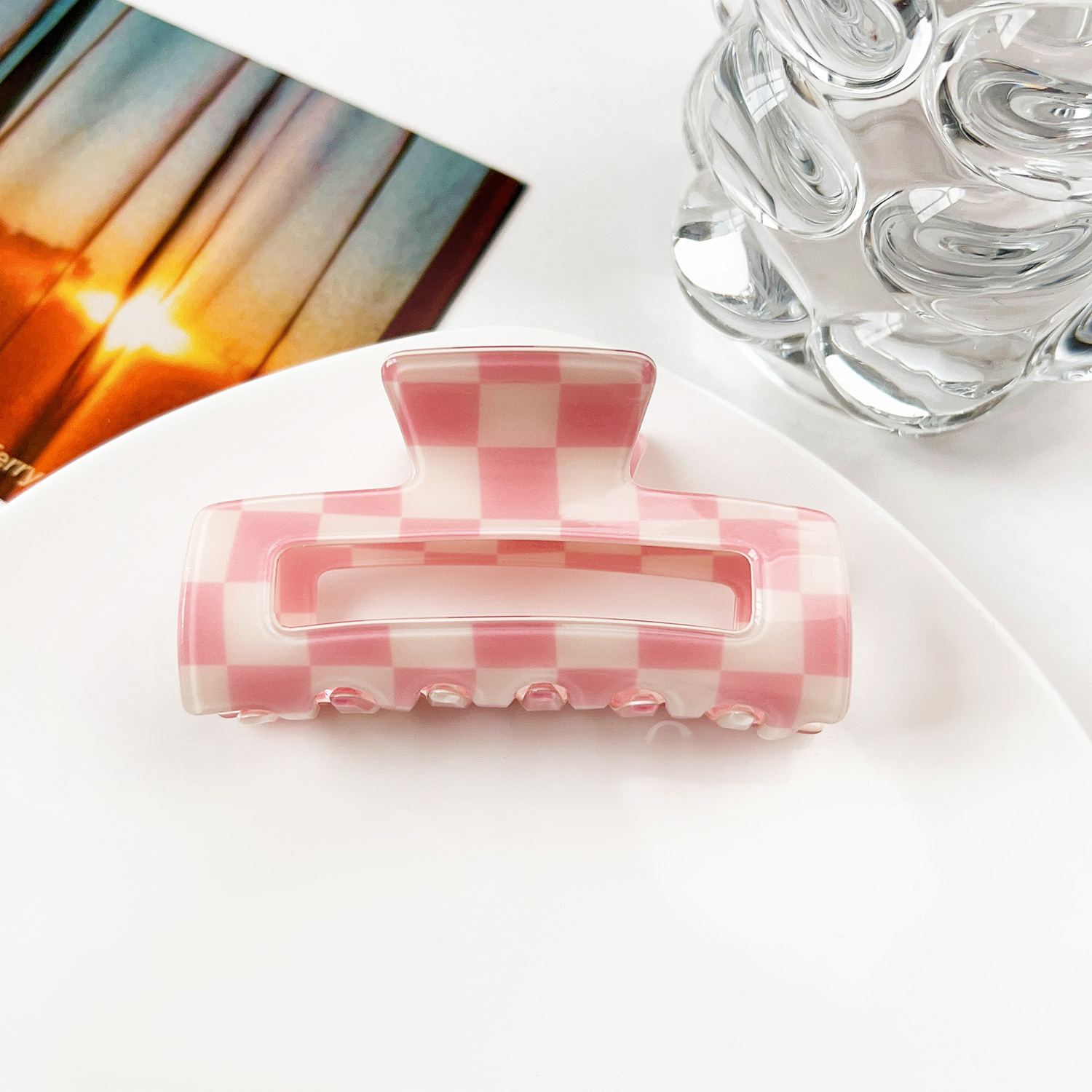 8cm Long pink and white check