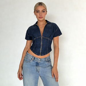 Camisa de Mujer con Cuello en V, Estilo Denim, Manga Corta, Corte Ajustado, Estilo Y2K, Blusa Informal con Aspecto de Denim para Mujer - Product Image 1