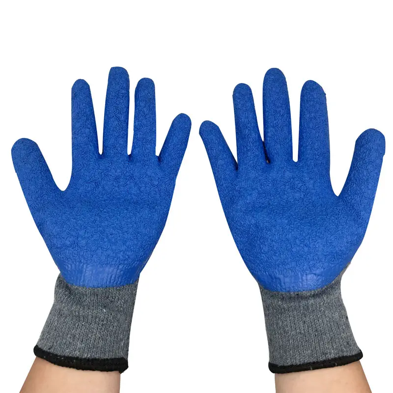 Custom Print Logo EN388 10G Wrinkle Rubber Palm Coated Blue Grey Latex Crinkle Cotton Construction Gloves 300 With Latex Coating