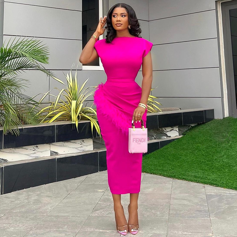 casual women's spring dresses 2025 2025 Spring New Fashion Casual Women's Long Dress Short Sleeves Solid Color  Pleated Rough Edge Slim Fit Cross-Border Europe| Alibaba.com