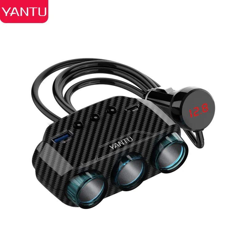 Yantu LM21 QC3.0 Power Charger Type-C Usb Auto Sigarettenaansteker Oplader Adpter 3 Socket Met 70Cm Power koord