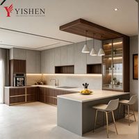Meubles de cuisine en aluminium modernes avec unité automatique, ensemble de luxe complet avec îlot de rangement et garde-manger