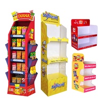 Présentoir de sol en carton ondulé personnalisé pour snacks, présentoirs multi-niveaux en papier pour chips et biscuits pour supermarchés et commerces de détail