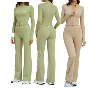 Ensemble de yoga personnalisé en nylon et spandex 2 pièces |   Soutien-gorge de sport zippé sur le devant et leggings taille haute pour femme |   Tenue de sport active et extensible - Product Image 1