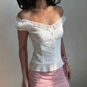 Blusa Casual de Mujer con Botones, Manga Abullonada, Cuello con Lazo, Transpirable, Tejida, con Parches de Encaje Floral Chic para Verano 2026 - Product Image 2