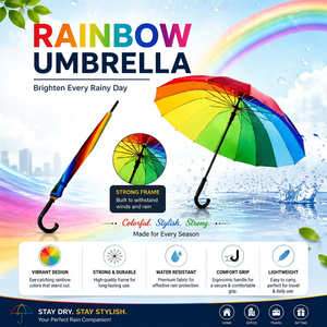 Rainbow Premium Straight <b>Umbrella</b> 16 Rib <b>Windproof</b> Waterproof Lightweight Plastic Handle Custom Logo Screen Printed Business - Product Image 1