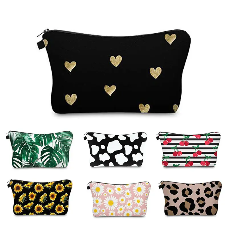 Low MOQ Custom Pattern Private Label Women Travel Make Up Bag Large Capacity Polyester Makeup Pouch Cosmetic Bag With Zipper