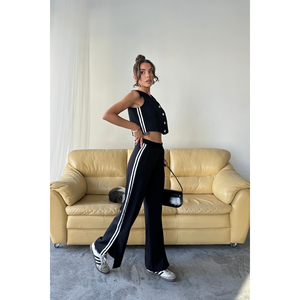 Ensemble pantalon et gilet court noir avec rayures latérales et détail ourlet fendu pour femme S - Product Image 4