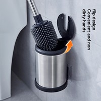 Brosse de toilette anti-éclaboussures en acier inoxydable avec couvercle rabattable et tête en silicone, support mural inclus pour salle de bain domestique