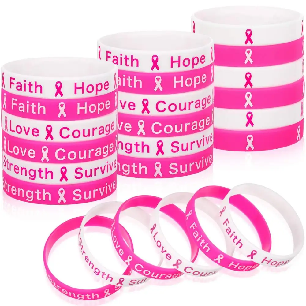 Pulseiras rosa de fita para câncer de mama, pulseiras elásticas de silicone com mensagens motivativas