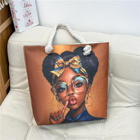 Sacs Fourre-Tout en Toile avec Logo Personnalisé, Impression d'Art Fille Noire Africaine Dessin Animé Amusant, Sacs à Main Portables Épaule pour Femmes, Vente en Gros pour l'Été