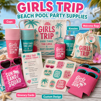 Articles en plastique personnalisés pour événements d'anniversaire, voyages entre filles, fêtes à la plage et à la piscine : Gobelets, porte-boissons, sacs de bienvenue, décorations