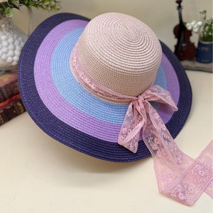 Women's Wide Brim Straw Sun Hat Summer 2025 Natural Grass Knitted Purple Blue Pink Lace <b>Bow</b> Beach Outdoors - Product Image 1