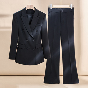Women's Navy Blue Suit <b>Set</b> Double Breasted <b>Blazer</b> Flared Pants Office Lady Professional Autumn Anti-Wrinkle Polyester - Product Image 3