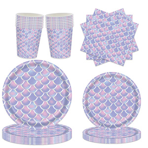 Mermaid Style Disposable Party Supplies Kit Paper Cups Plates Napkins <b>Purple</b> Scale Design Birthday Party Decorations Children's - Product Image 1