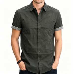 Chemises en chambray à manches courtes pour hommes, coupe ajustée, couleur unie, col à revers, boutonnées, style workwear, avec poche poitrine, vente en gros sur mesure - Product Image 5