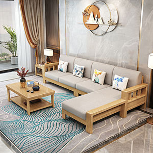 Muebles Hengke, Sofá de Madera Sólida en Forma de L, Estilo Moderno Minimalista, Juego de Sala Tapizado para Apartamentos Pequeños - Product Image 3