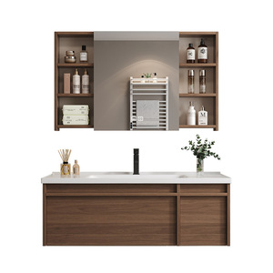 Meuble de salle de bain en bois massif avec lavabo intégré en céramique, meuble-vasque léger pour salle de bain - Product Image 5