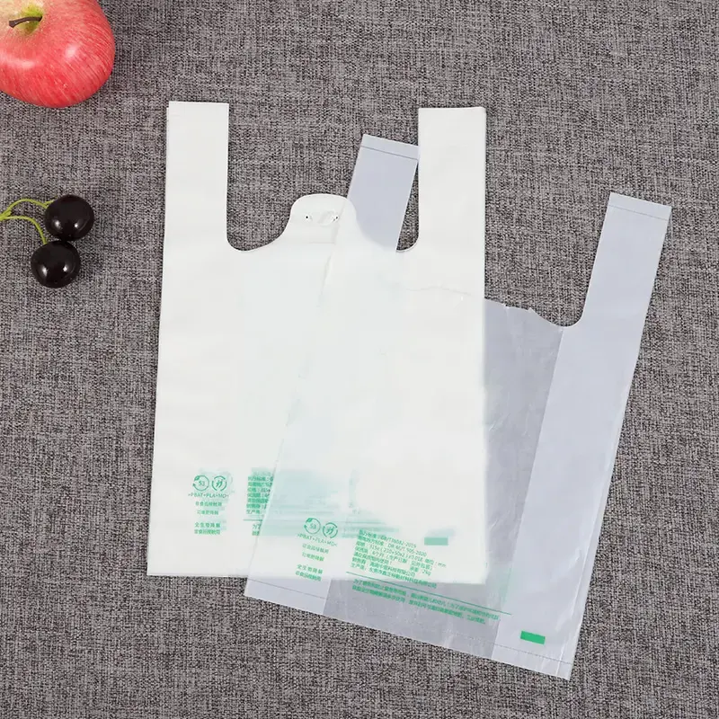 Çevre dostu mağaza biyobozunur alışveriş çantası compostable plastik süpermarket t shirt kolu taşıyıcı çanta