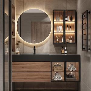 Dark gray modern style bathroom cabinet with round smart <b>mirror</b> washbasin and washbowl combination - Product Image 3