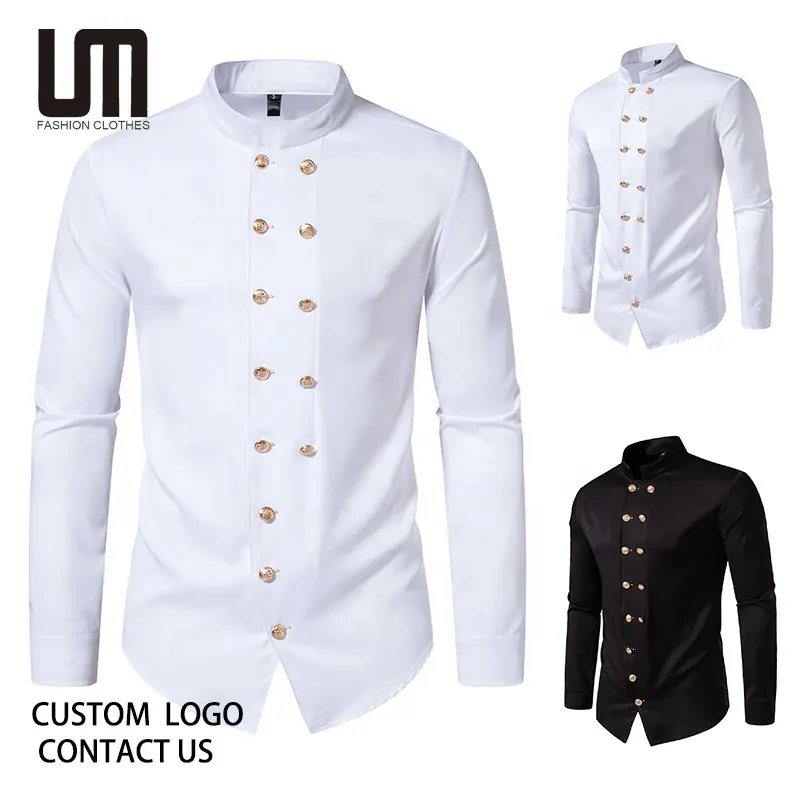 Liu Ming Nieuw Ontwerp 2024 Heren Casual Dubbelborst Slim Fit Effen Formele Lange Mouw Bruiloft Prom Social Smoking Overhemd