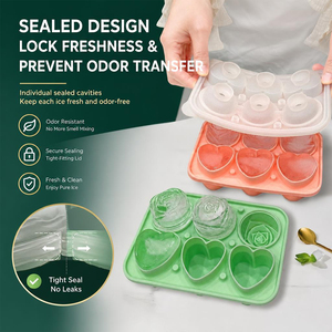 Ensemble de moules à glace en silicone de qualité alimentaire en forme de rose et de cœur 3D, avec couvercle hermétique, anti-odeur, anti-fuite, empilables, pour whisky, cocktails, desserts - Product Image 1