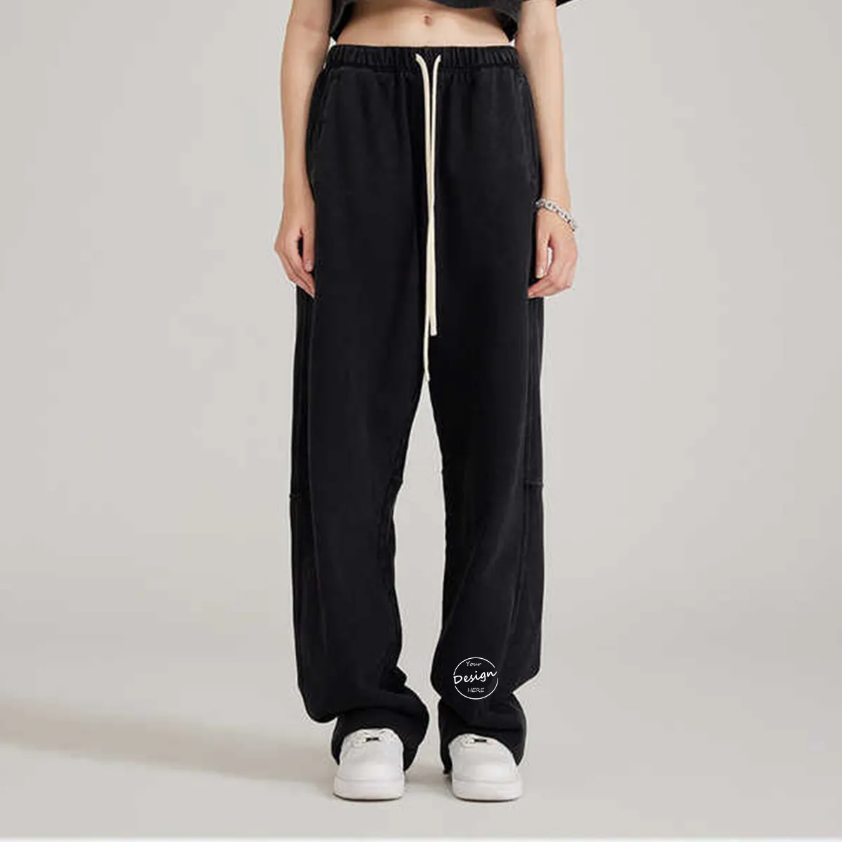 Elastic High Waist Drawstring Sweatpants Hips Loose Wide Leg Pants Alta Qualidade Mulheres Casual Calças