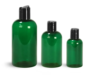 2oz 4oz 8oz 12oz 16oz 60ml 120ml 250ml 350ml 500ml Rondes de Boston vertes en PET avec capuchons à disque noirs - Product Image 1