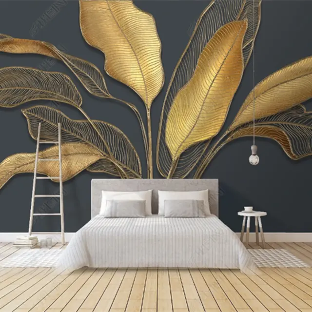 Fresco plants flowers gold dark grey premium selling living room wallpaper