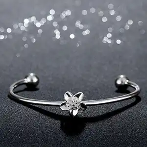 Gold Plated Women Jewelry 925 Sterling Silver Fashion Simple Flower Open Bangles